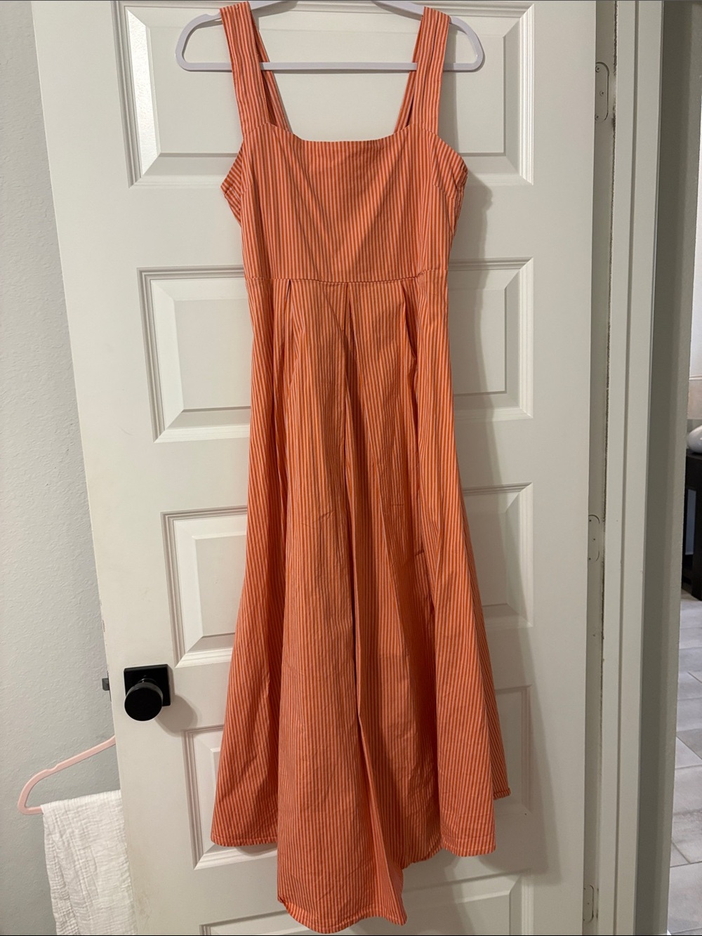 Sleeveless Peach Striped Maxi Dress with Square Neck